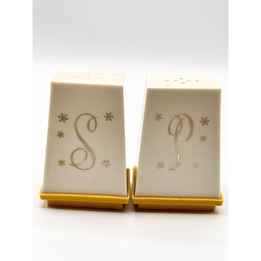 Vintage 1950s Atomic MCM Salt And Pepper Shakers White & Mustered Alabaster Ind.